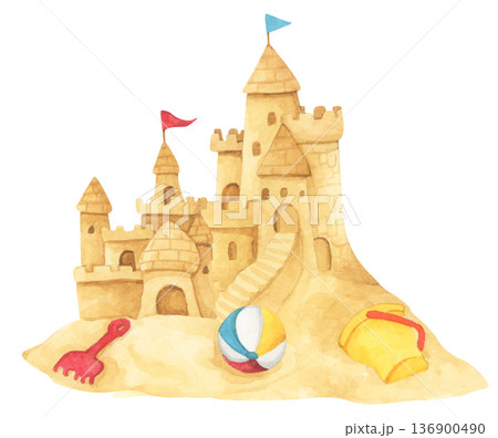 Watercolor Sandcastle on a Beach. 136900490