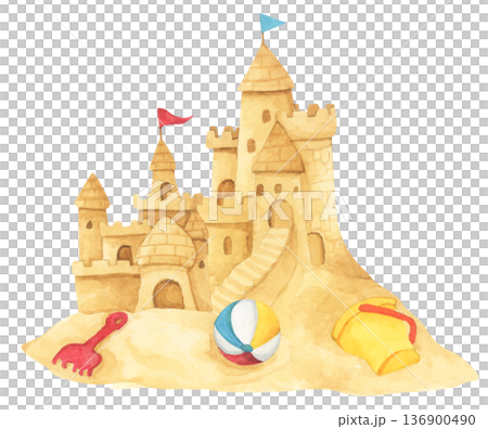 Watercolor Sandcastle on a Beach. 136900490