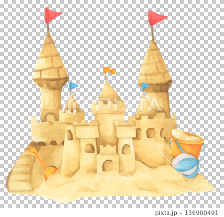Watercolor Sandcastle on a Beach. Watercolor Sandcastle on a Beach. 136900491