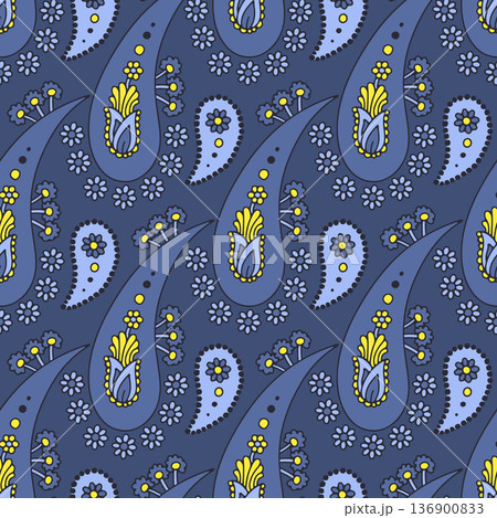 Hand drawn intricate Paisley seamless pattern on blue background 136900833