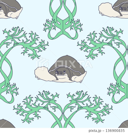 Cute sea turtles and algae coastal seamless pattern vector illustration 136900835