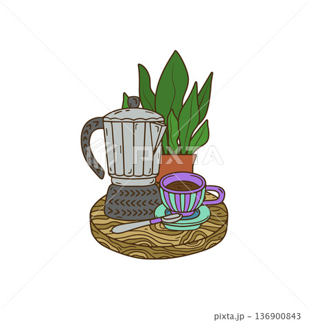 Cozy scandinavian lifestyle scene with coffee maker on a wooden tray. Hand drawn line art morning beverage composition Cozy scandinavian lifestyle scene with coffee maker on a wooden tray. Hand drawn line art morning beverage composition 136900843