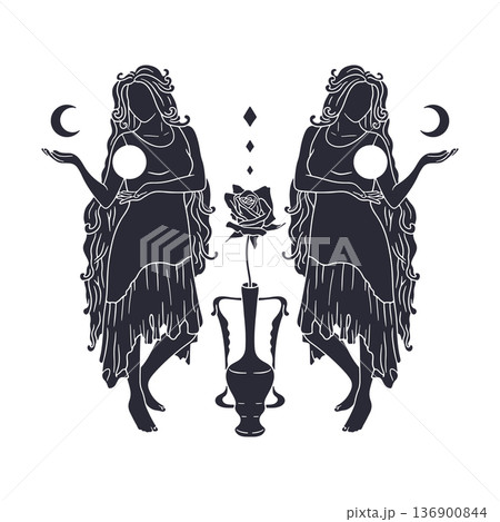 Beautiful long hair woman holding sun and half moon vector illustration Beautiful long hair woman holding sun and half moon vector illustration 136900844