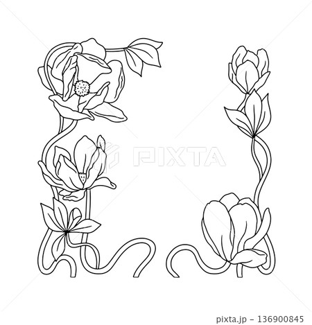 Art nouveau vintage hand drawn black and white magnolia flowers and leaves frame vector illustration. Monochrome floral border card template 136900845