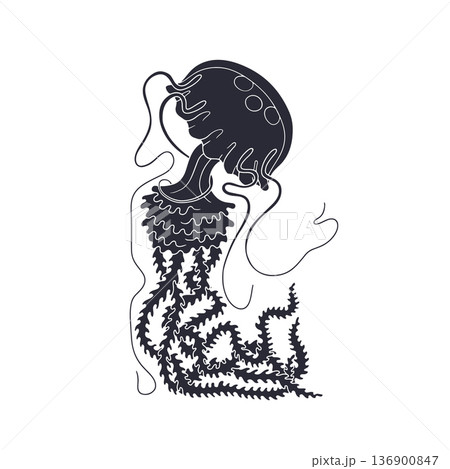 Black silhouette jellyfish swimming in ocean hand drawn vector illustration 136900847