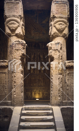 Ancient Egyptian Temple with Carved Columns and Steps 136900906