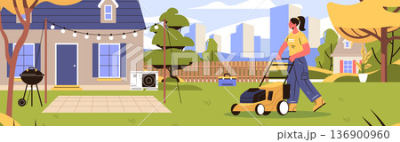 Woman mowing lawn backyard garden maintenance house exterior trees barbecue tools modern residential landscape web banner 136900960