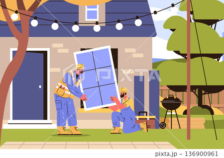 Construction workers installing window teamwork home renovation outdoor scene tools hard hats modern house backyard trees flat design Construction workers installing window teamwork home renovation outdoor scene tools hard hats modern house backyard trees flat design 136900961