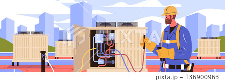 HVAC technician repairing rooftop air conditioning unit urban cityscape modern equipment maintenance worker blue uniform safety gear HVAC technician repairing rooftop air conditioning unit urban cityscape modern equipment maintenance worker blue uniform safety gear 136900963