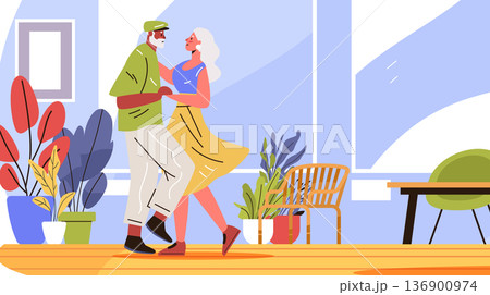 Active seniors couple dancing indoor healthy lifestyle joyful elderly man woman modern home plants bright colors Active seniors couple dancing indoor healthy lifestyle joyful elderly man woman modern home plants bright colors 136900974