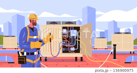 HVAC technician rooftop air conditioning repair maintenance service worker in safety gear checking industrial unit cityscape background HVAC technician rooftop air conditioning repair maintenance service worker in safety gear checking industrial unit cityscape background 136900975