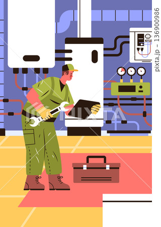 Plumber technician repairs boiler system modern equipment gauges pipes toolbox uniform mechanical room 136900986