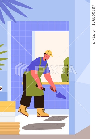 Construction worker tiling wall indoor renovation man spreading adhesive wearing apron boots cap blue tiles modern interior plants Construction worker tiling wall indoor renovation man spreading adhesive wearing apron boots cap blue tiles modern interior plants 136900987