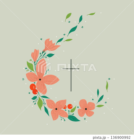 Vector drawing, Christian cross with flowers. Religious symbol, Easter holiday. Coloring book 136900992