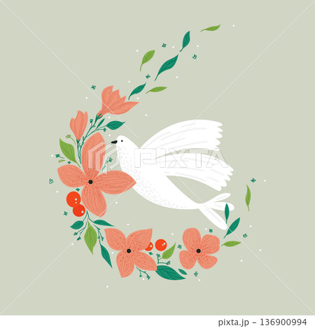 Vector drawing, Christian cross with flowers. Religious symbol, Easter holiday. Coloring book 136900994