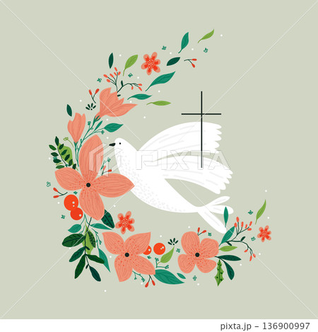 Vector drawing, Christian cross with flowers. Religious symbol, Easter holiday. Coloring book 136900997