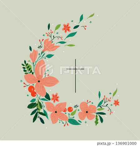 Vector drawing, Christian cross with flowers. Religious symbol, Easter holiday. Coloring book 136901000