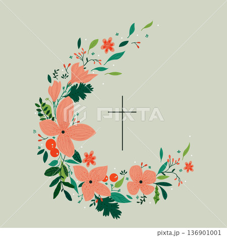 Vector drawing, Christian cross with flowers. Religious symbol, Easter holiday. Coloring book 136901001
