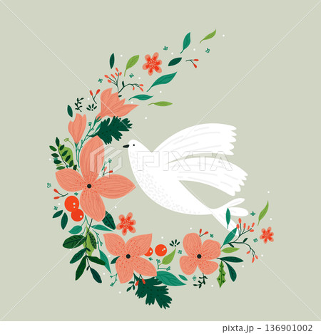 Vector drawing, Christian cross with flowers. Religious symbol, Easter holiday. Coloring book 136901002