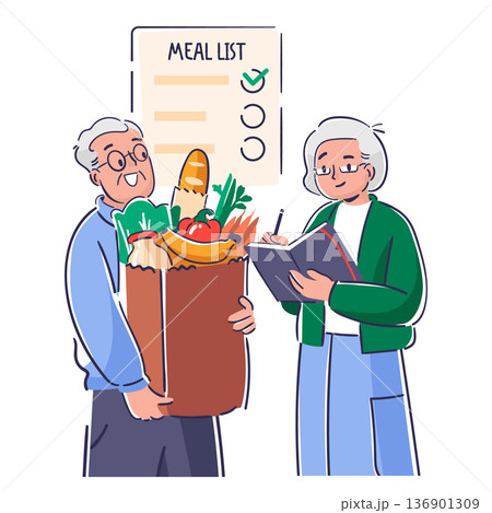 Mature couple characters practicing organized and mindful shopping by following prepared meal list 136901309