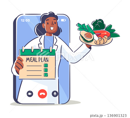 Doctor nutritionist healthcare professional character offering meal plan on smartphone screen 136901323