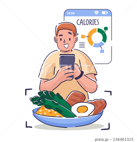 Man hand drawn character using smartphone app to count calories and manage his healthy diet Man hand drawn character using smartphone app to count calories and manage his healthy diet 136901325