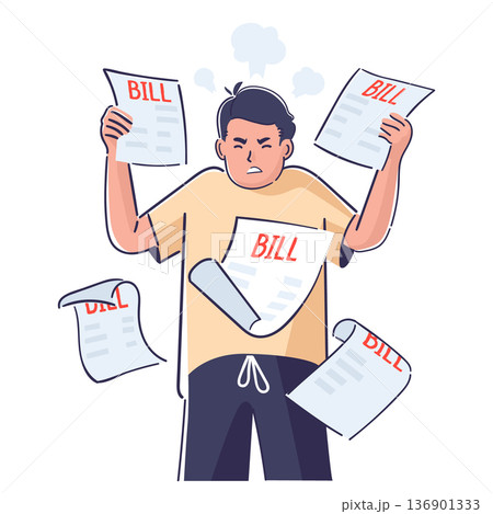 Angry furious man hand drawn character surrounded by floating paper bills, invoices, and debt 136901333