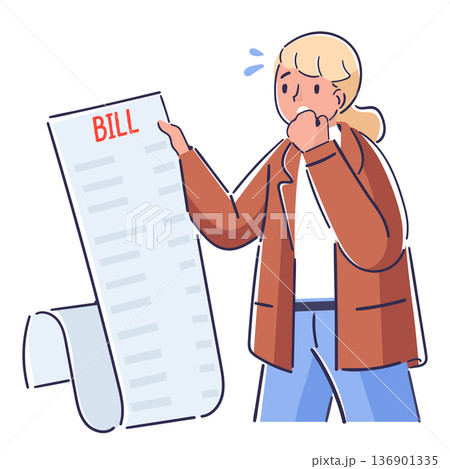 Shocked woman hand drawn character biting her fist in stress while reading expensive paper bill 136901335