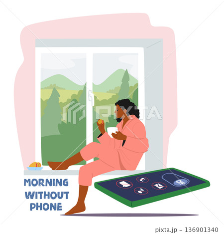 Woman peacefully enjoying morning coffee and sunrise without phone sitting on windowsill scene 136901340