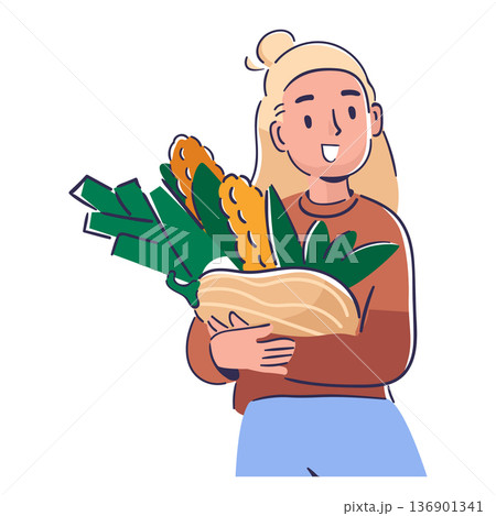 Young woman hand drawn character carrying fresh organic natural food in shopping paper packet 136901341