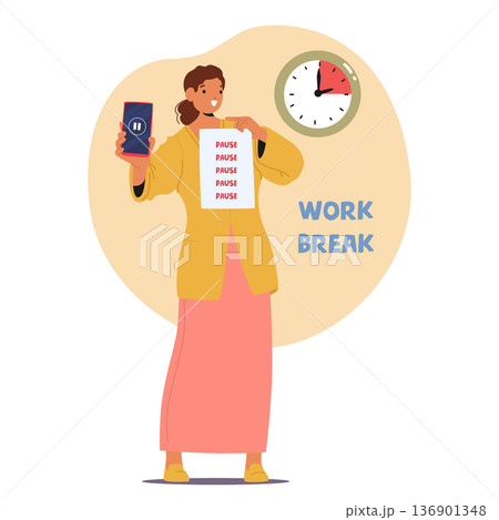 Female employee character consciously taking pause and work break from her smartphone to recharge 136901348