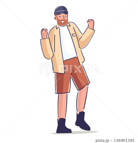 Self-confident happy smiling trendy hipster man hand drawn character celebrating personal success Self-confident happy smiling trendy hipster man hand drawn character celebrating personal success 136901385