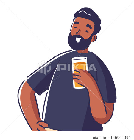 Happy healthy man hand drawn character drinking fresh organic orange juice isolated on white Happy healthy man hand drawn character drinking fresh organic orange juice isolated on white 136901394