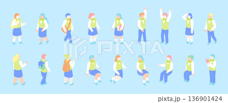 制服を着た男女の学生アイソメトリックイラストセット 136901424