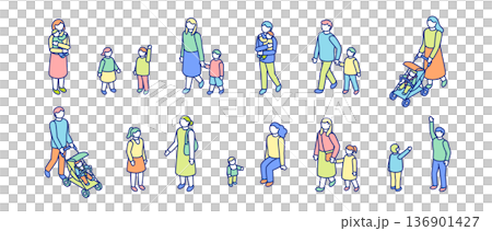 等距視角人物插畫集。父親和母親撫養孩子。父母和孩子手牽手散步。父母和孩子 136901427