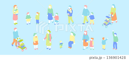 アイソメトリックの人物イラストセット。子育てをしている父親と母親。手を繋いで散歩散歩する親子。親と子 136901428
