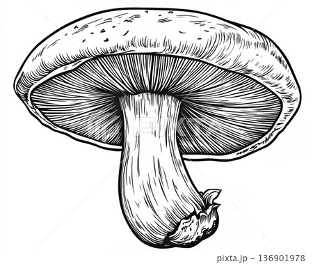 Intricate Black and White Woodcut Etching of a Captivating Isolated Natural Mushroom in Detail 136901978