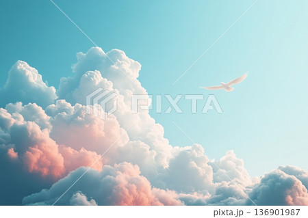 Tranquil Vista of Fluffy Cumulus Clouds with Soft Pastel Hues and a White Bird in Dreamy Sky Tranquil Vista of Fluffy Cumulus Clouds with Soft Pastel Hues and a White Bird in Dreamy Sky 136901987