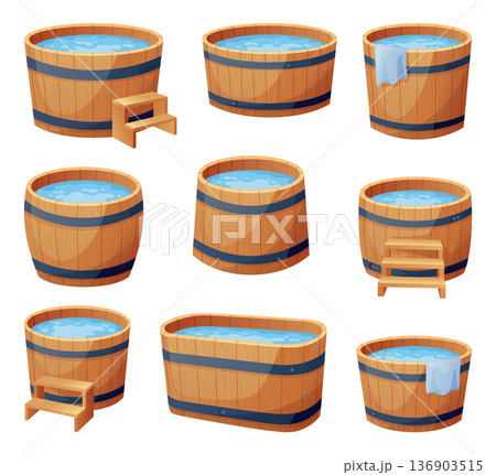 Wooden baths. Wood tubs, cartoon rustic water baths barrel for public sauna traditional banya or onsen japanese hot spring, wellness relaxing bathtub basin neat vector illustration of tub bath wooden 136903515