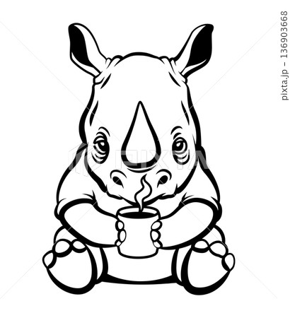 sleepy cute rhinoceros illustration, Chubby baby rhino sitting peacefully with beverage in hand, Whimsical baby rhinoceros sketch featuring cozy posture and delightful facial expression 136903668