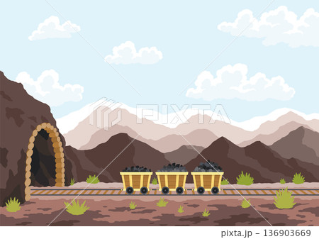 Carts loaded with coal and minerals leave underground mine on rails, flat vector illustration. Banner of mining industry and development of deposits of valuable minerals Carts loaded with coal and minerals leave underground mine on rails, flat vector illustration. Banner of mining industry and development of deposits of valuable minerals 136903669
