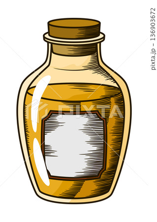 Cane sugar. Product from sugarcane plant. Engraving hand drawn natural organic food or natural ingredient. Fresh cane rum in bottle 136903672