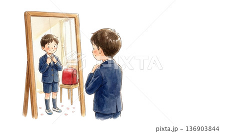 新品の制服(ブレザー)を着て鏡を見ている自分 新品の制服(ブレザー)を着て鏡を見ている自分 136903844