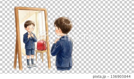 新品の制服(ブレザー)を着て鏡を見ている自分 新品の制服(ブレザー)を着て鏡を見ている自分 136903844