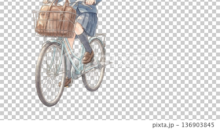 自転車のカゴにスクールバッグを入れて漕ぎ出す足元 136903845