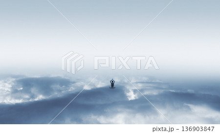 Atmospheric artwork. Silhouette meditating above soft cloud landscape. Atmospheric artwork. Silhouette meditating above soft cloud landscape. 136903847