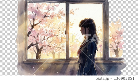 一個孩子從教室窗戶望著櫻花的側臉照。 136903851