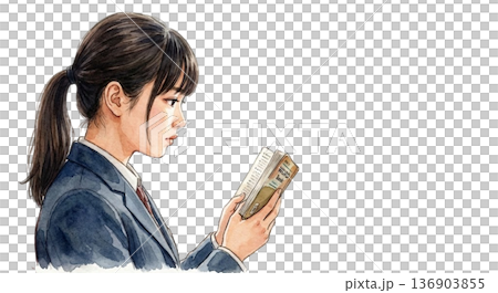 A serious profile of a student looking at a vocabulary book while commuting to school by train 136903855