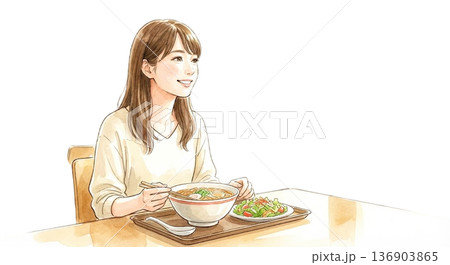 学食で一人ランチをしている 136903865