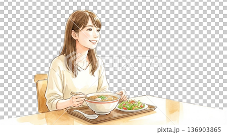 学食で一人ランチをしている 136903865